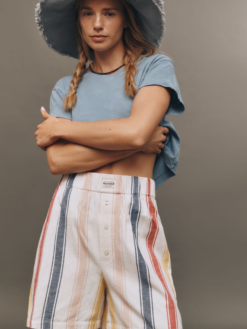 MOTHER FREEBALLER Striped High-Waist Button Cotton Flax lightweight Shorts